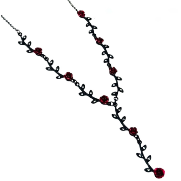 Red Metal Roses, Rhinestone Tassel, Victorian Inspired - Picture 3 of 12